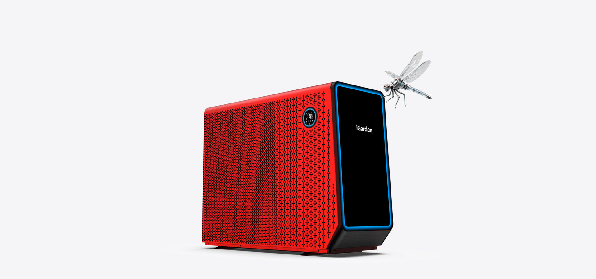 iGarden X30 pool heat pump with dragonfly, showcasing quiet efficient operation