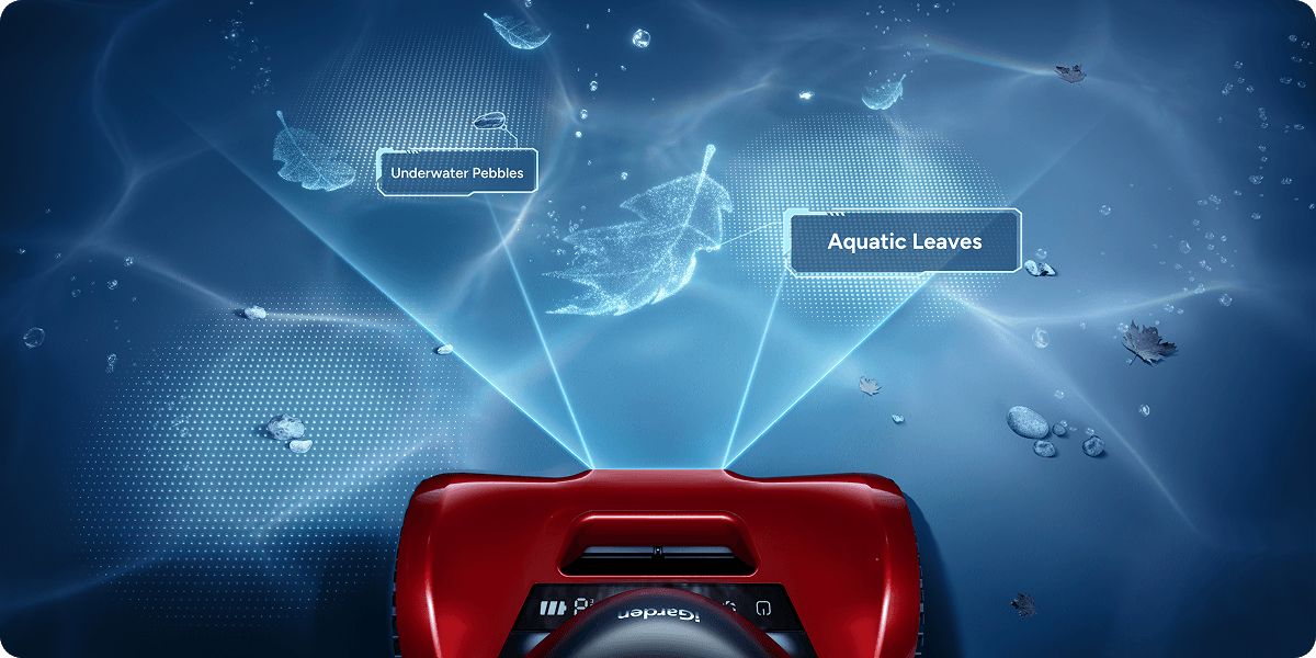 M1-AI pool cleaner identifying leaves, sand, bugs, twigs, and other pool debris