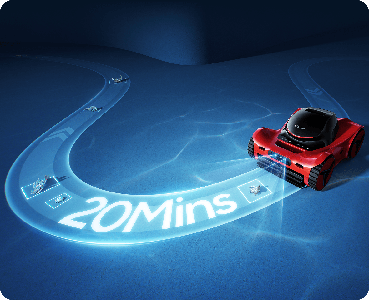 iGarden M1-AI can clean up to 99% debris coverage in 20 mins.