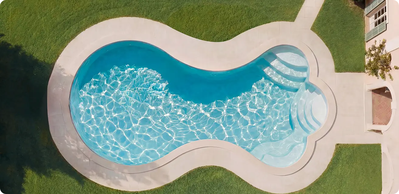 Swim jet installed in a uniquely shaped backyard pool
