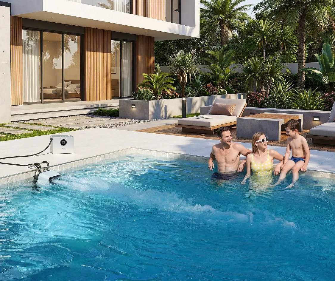 Family enjoying pool with iGarden swim jet